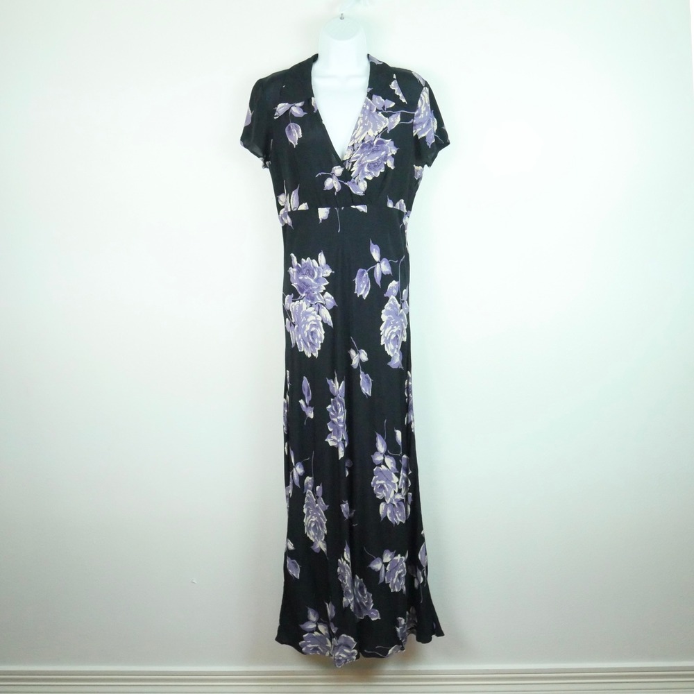 Vintage‎ 90s Black Purple Floral Maxi Dress Babydoll Grunge Bias Whimsigoth M